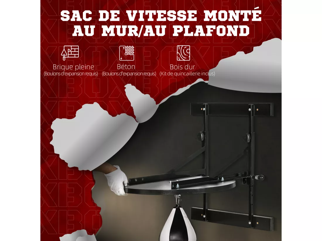Poire de vitesse boxe pivotante 360° - crochet, pompe inclus - acier PU noir blanc