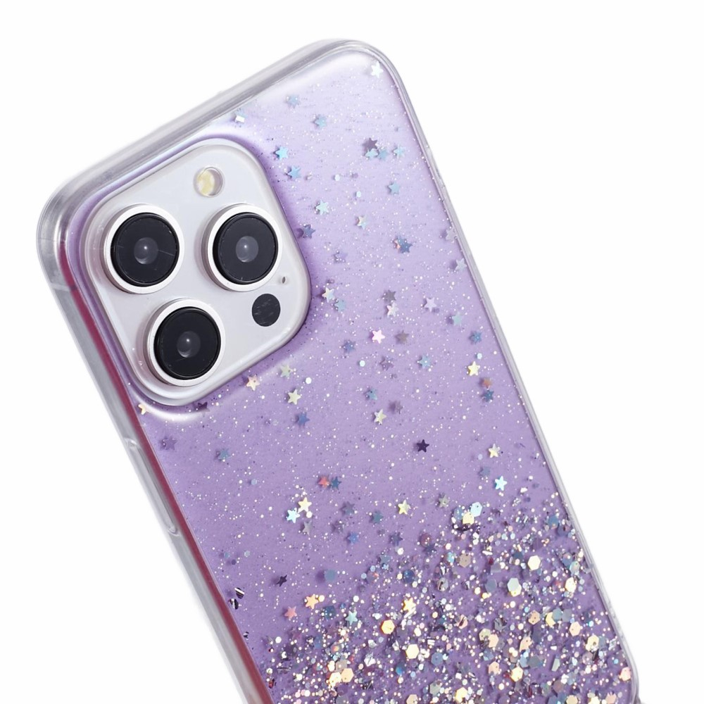 iPhone 14 Pro Necklace Gummi Hülle im Glitzer Design   Handykette (140cm) - Lila / Transparent