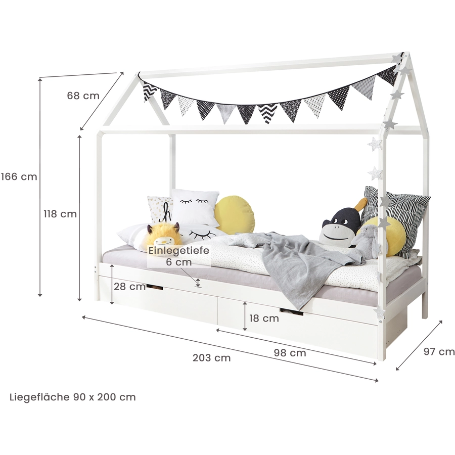 TICAA Kinderbett Hausbett Lina mit Schubkästen 90x200 cm Kiefer weiß weiß