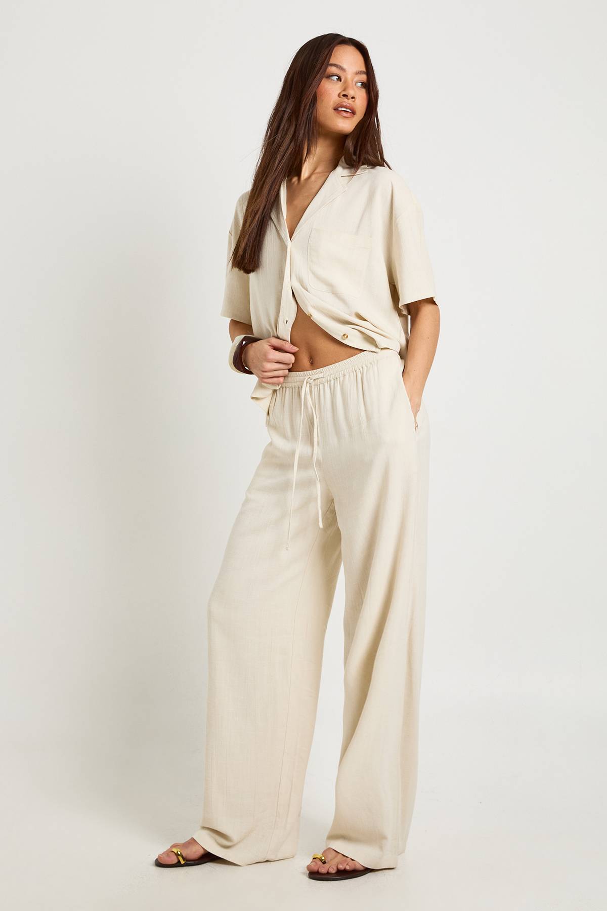 boohoo Pantalon Large En Lin Premium Coupe Longue