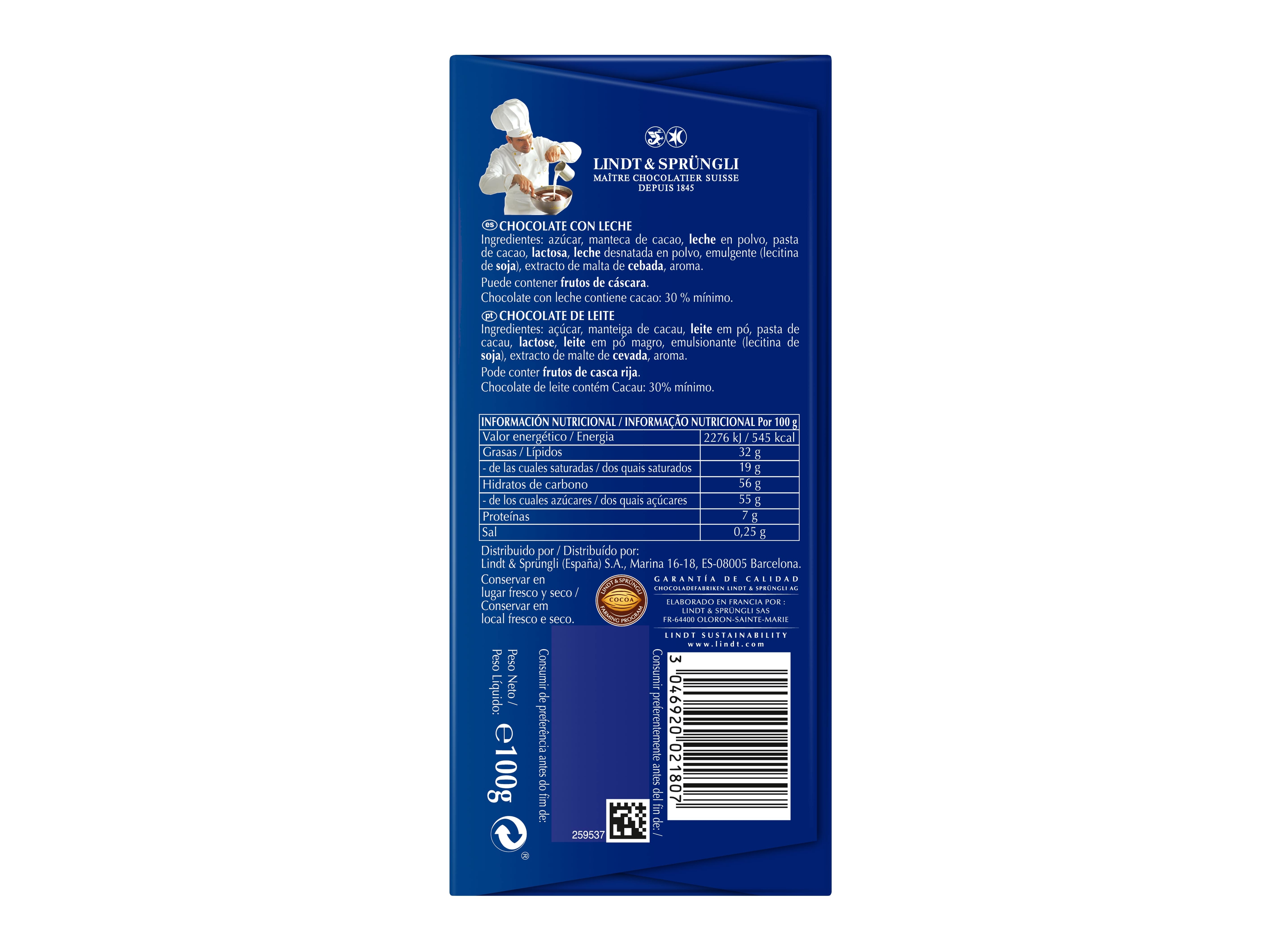 CHOCOLATE DE LEITE LINDT RECEITA ORIGINAL 100G