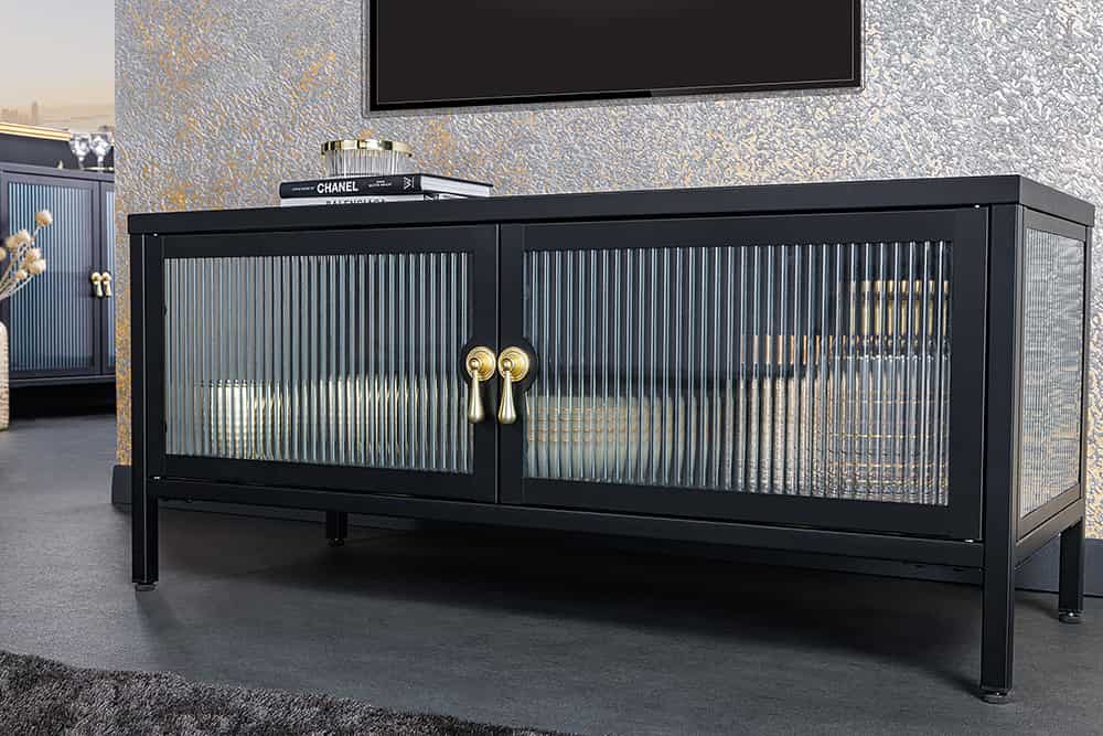 Modernes TV-Lowboard AMSTERDAM 90cm schwarz gold Riffelglas Metall Vitrine Schrank