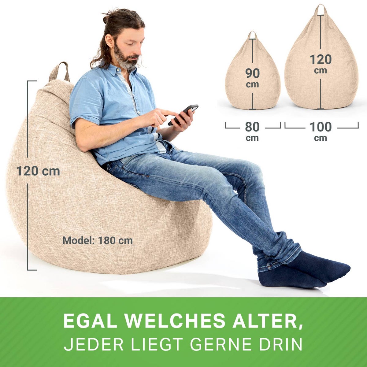 Green Bean Indoor zitzak met 200 liter EPS-korrelvulling, knuffelzacht, wasbaar - Stoffen vloerkussen, ligstoel, zitkussen, loungestoel voor binnen - zandcrème