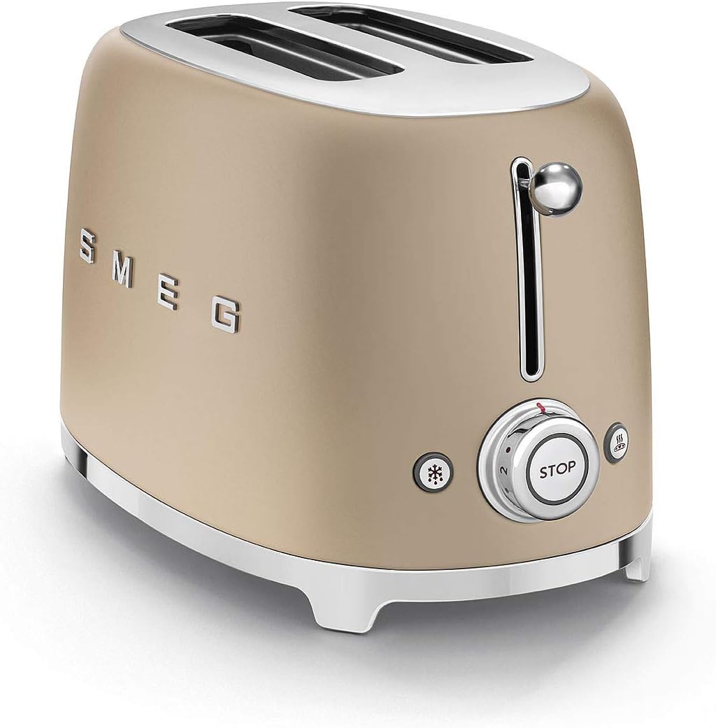 Smeg, 2x2 TSF01CHMEU -Toaster, 2 Schlitze für 2 Scheiben, 6 Vergoldungsniveaus, Heizfunktion, Abtau- und Bagel- Funktion, Sammelschublade, 950W, Matt Champagner