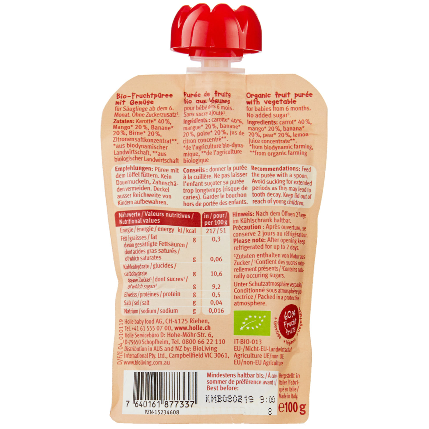 Holle Demeter Bio Carrot Cat Compote Pouch 6+ Monate