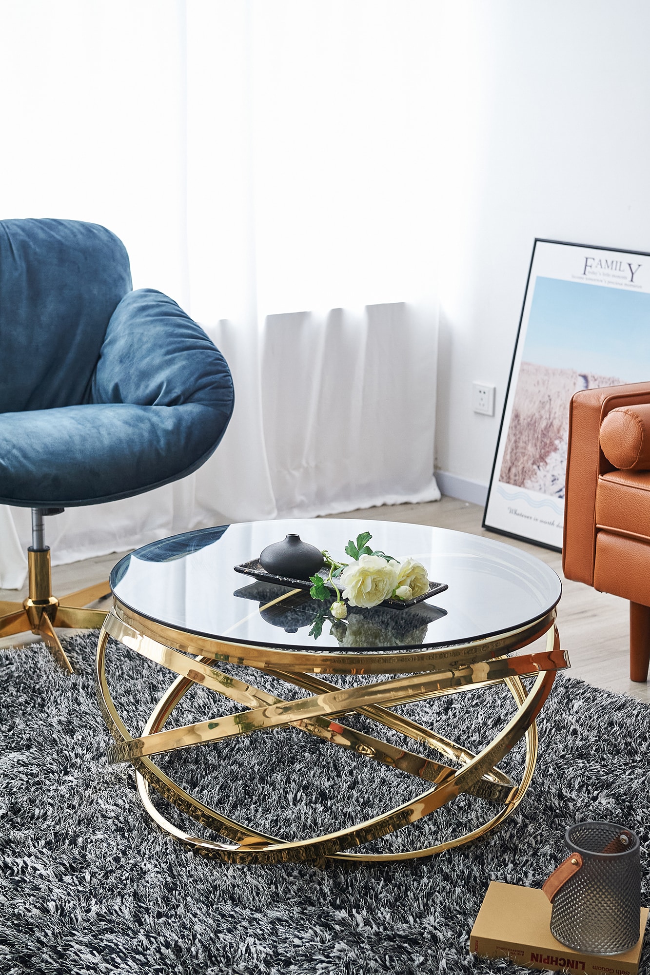 Couchtisch Ø 80 cm gold grau Glastisch Beistelltisch Sofatisch Wohnzimmertisch