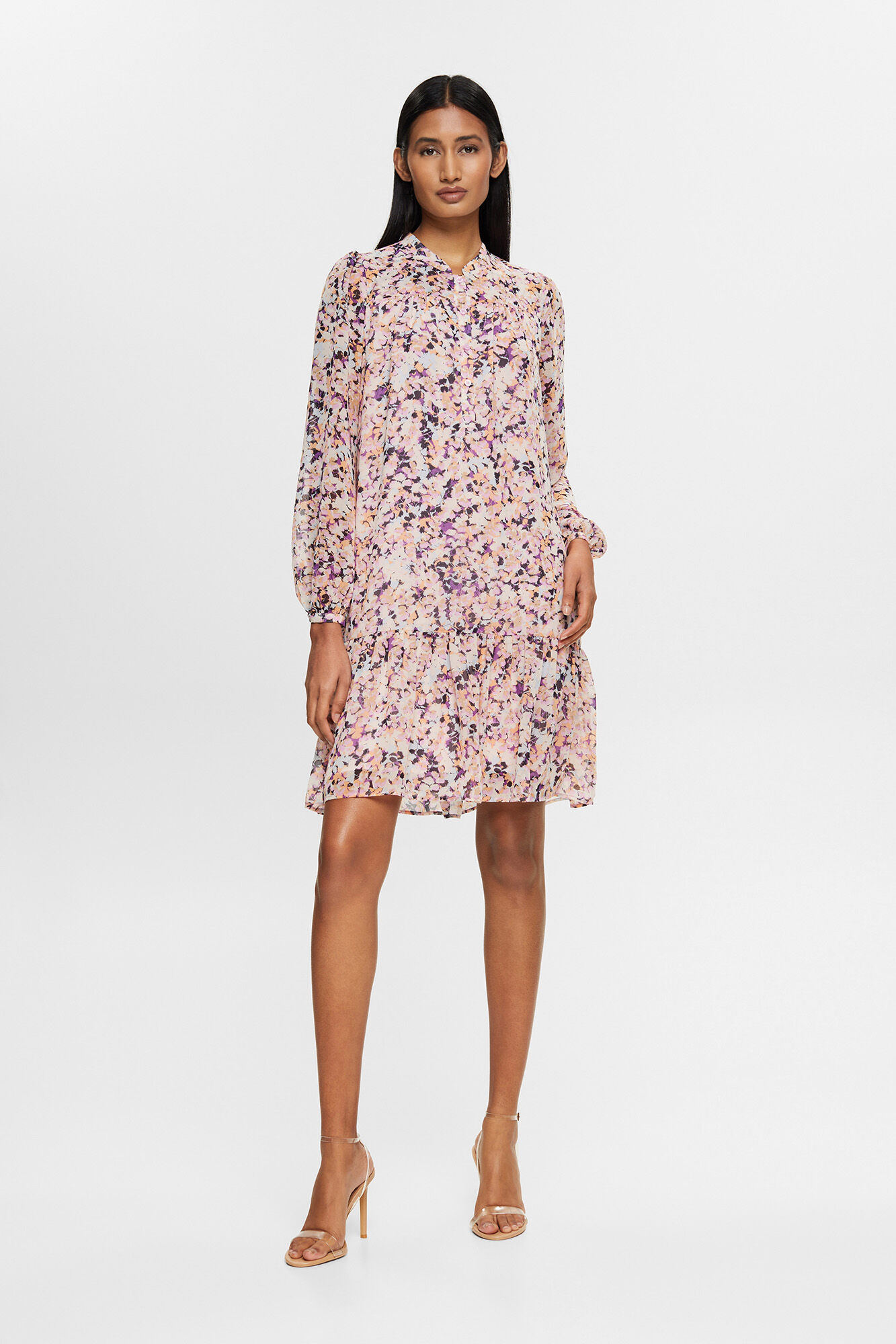 Vestido midi com estampa floral e babados - Multicolorido