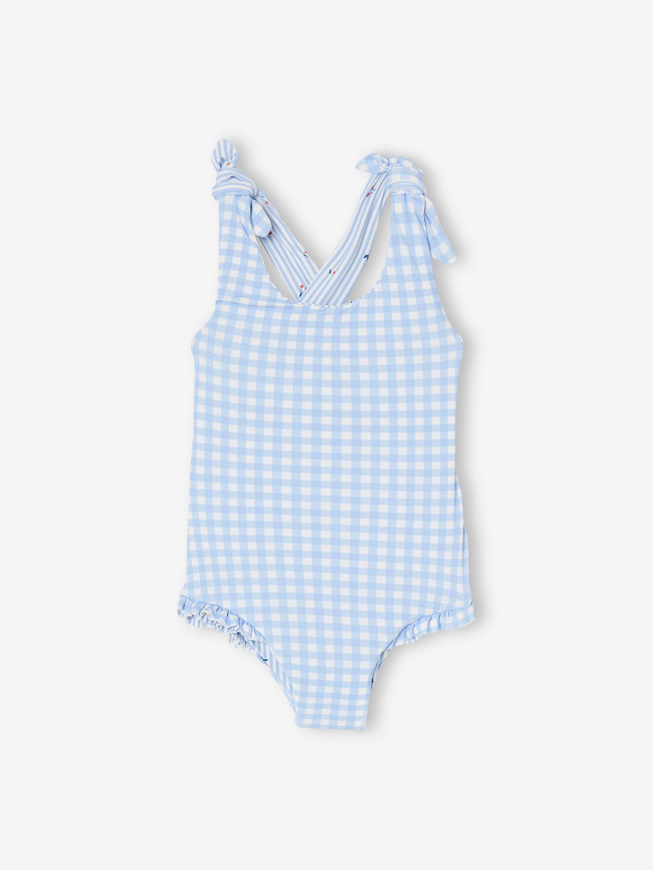 Maiô reversível para bebê menina, xadrez vichy/listras e flores, azul claro