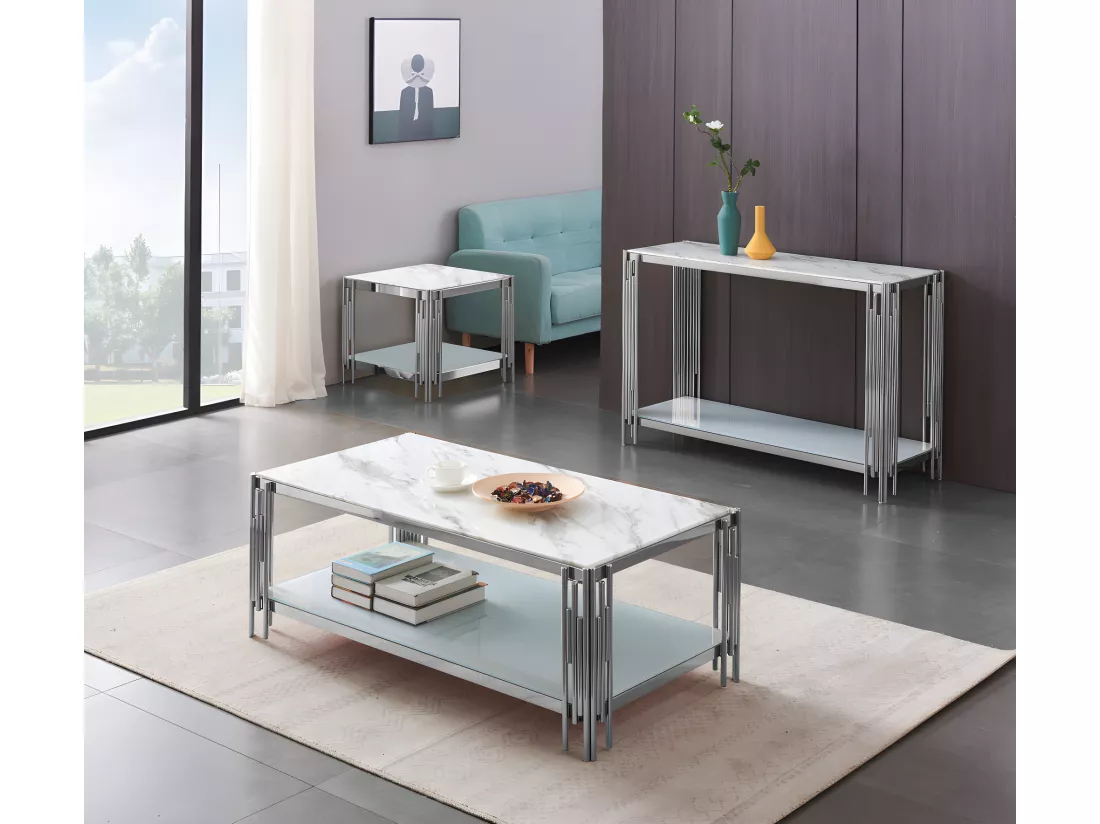 Console FLUTE Chrome plateau verre Marbre Blanc 120x40x78 cm