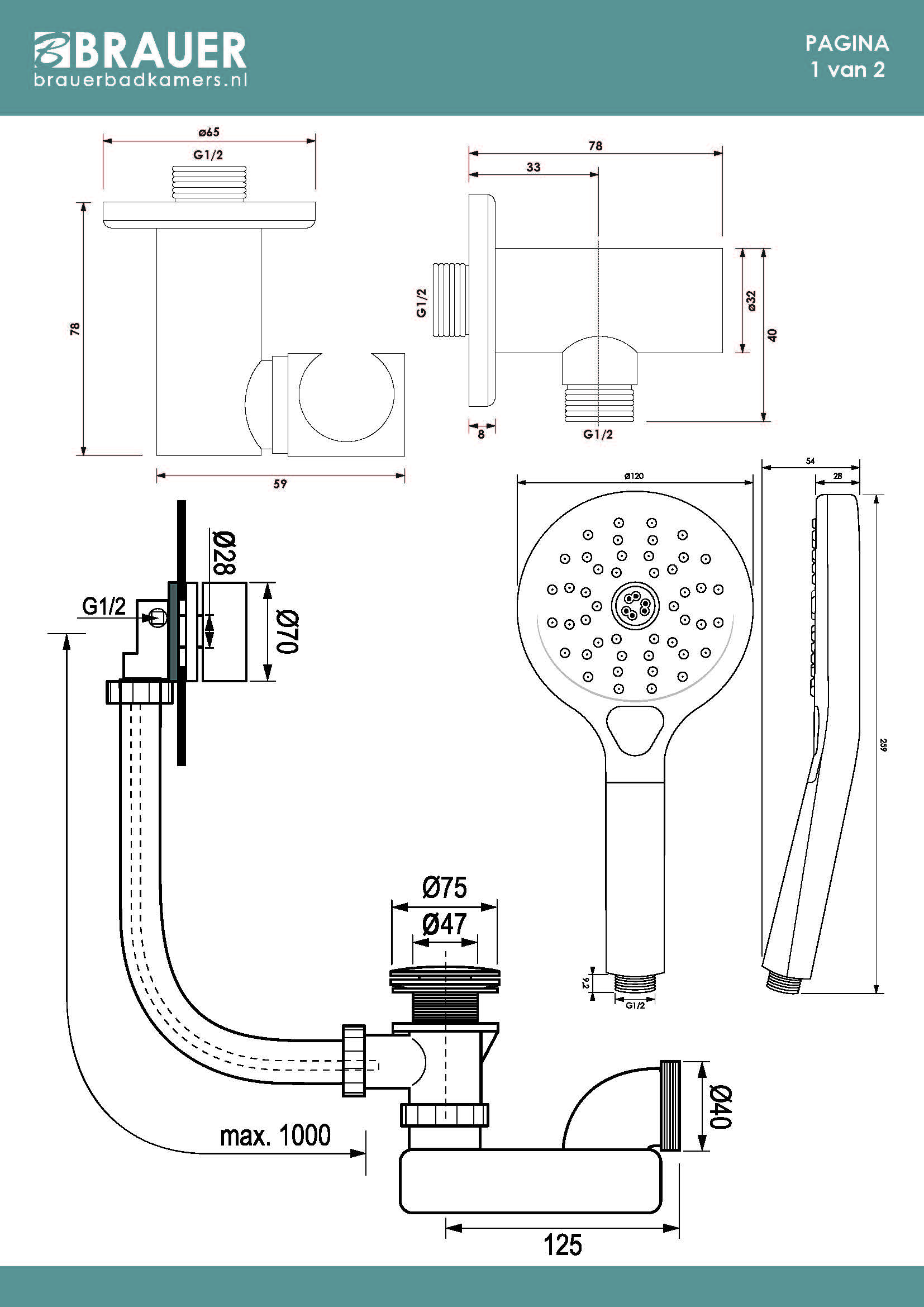 Brauer Stripe inbouw badkraan met drukknoppen, badvulcombinatie en 3 standen handdouche chroom