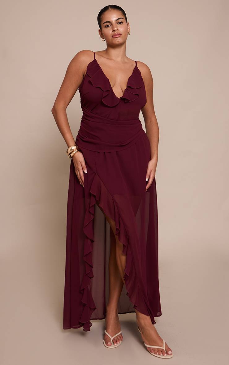 Rouge Vin Robe Longue Grande Taille En Mousseline À Volants Et Décolleté Plongeant Avec Bretelles Fines