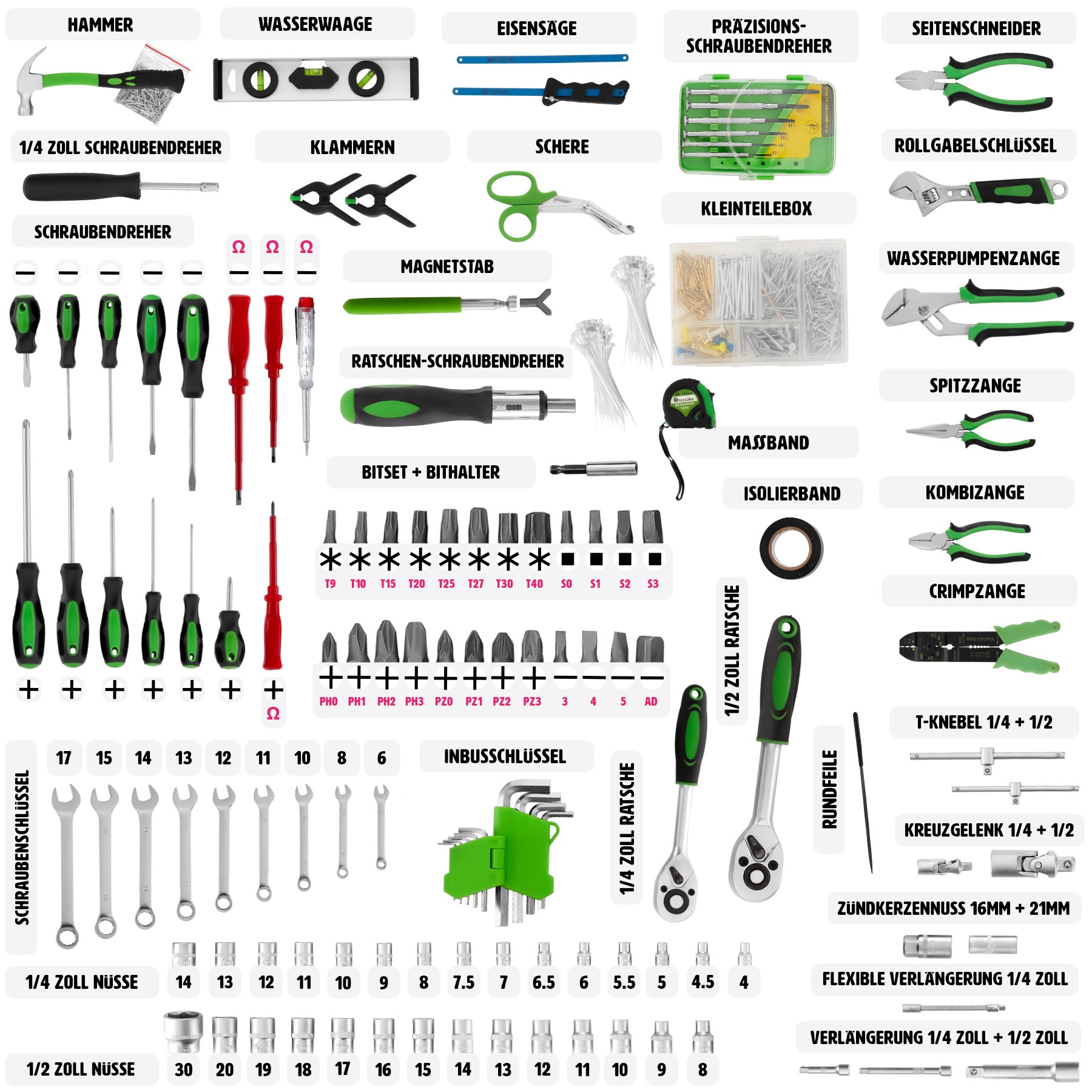 tectake® Werkzeugkoffer, 899-teilig, übersichtliche Anordnung auf 4 Ebenen, inklusive Sicherheitsstift, mit Klappgriff und Teleskopgriff