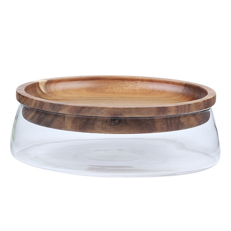 (1200ml) 2in1 Vorrats Glas Snack Schale Aufbewahrungs Behälter Lebensmittel Frischhalte Dose mit Holz Deckel Teller - Transparent