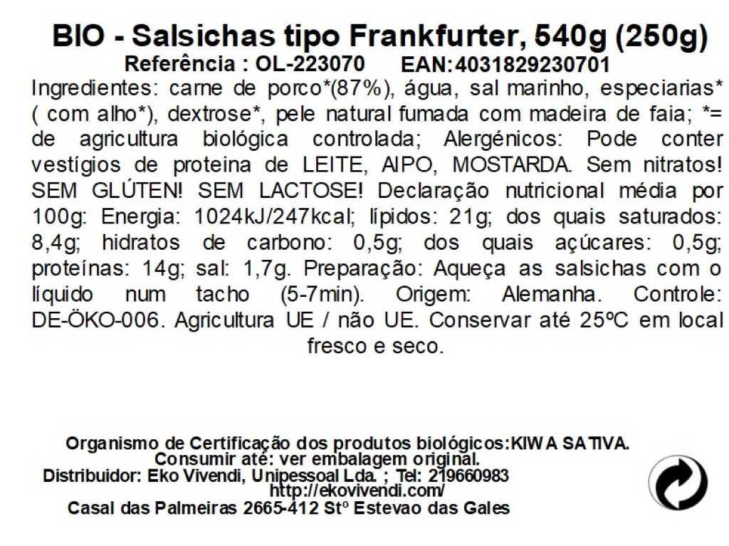 SALSICHA OKOLAND FRANKFURT BIO 540(250)G