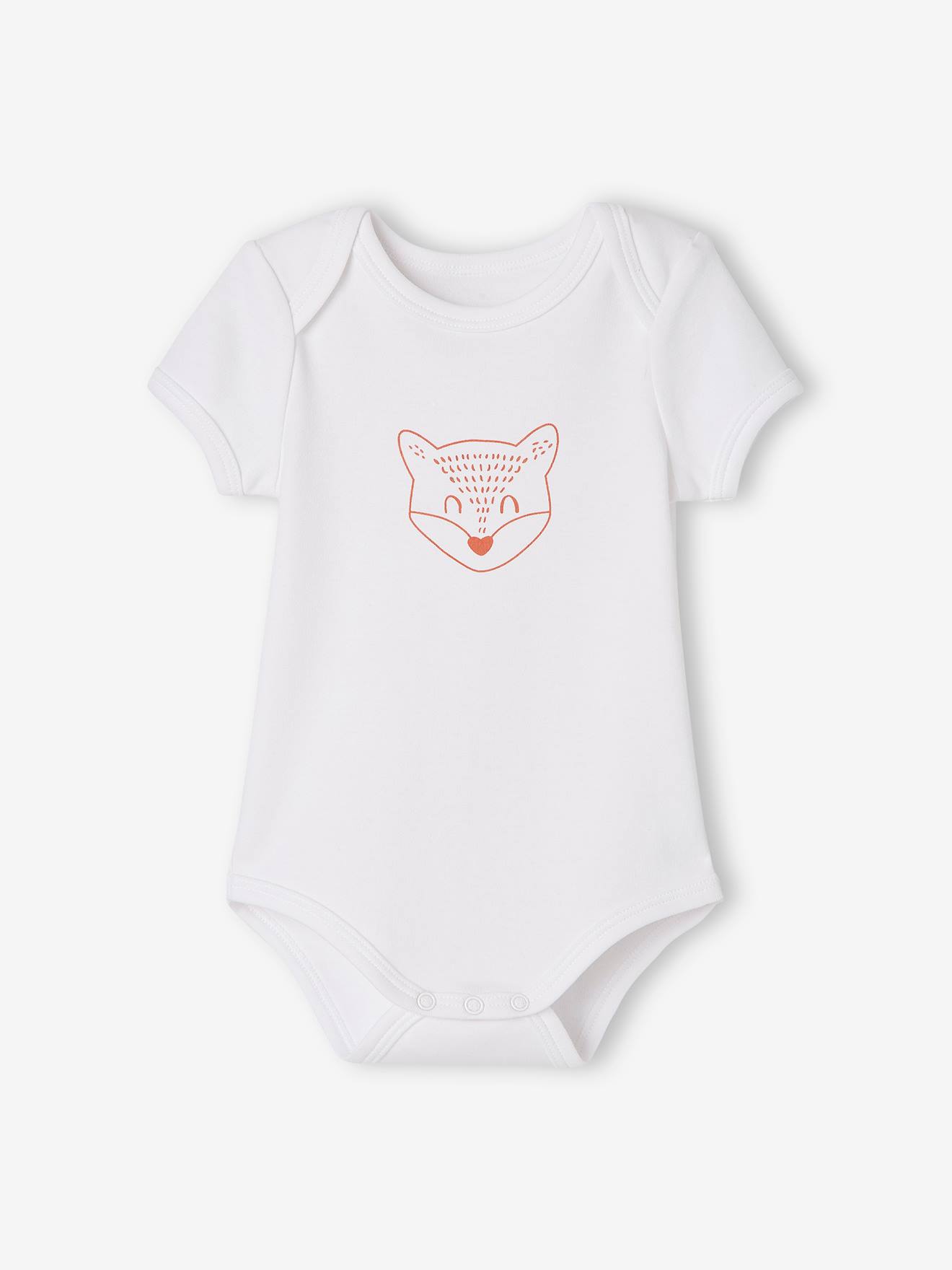 Conjunto de 5 bodies de manga curta com estampa de animais e abertura estilo americano, para recém-nascidos, nas cores branco claro e bicolor/multicolorido.