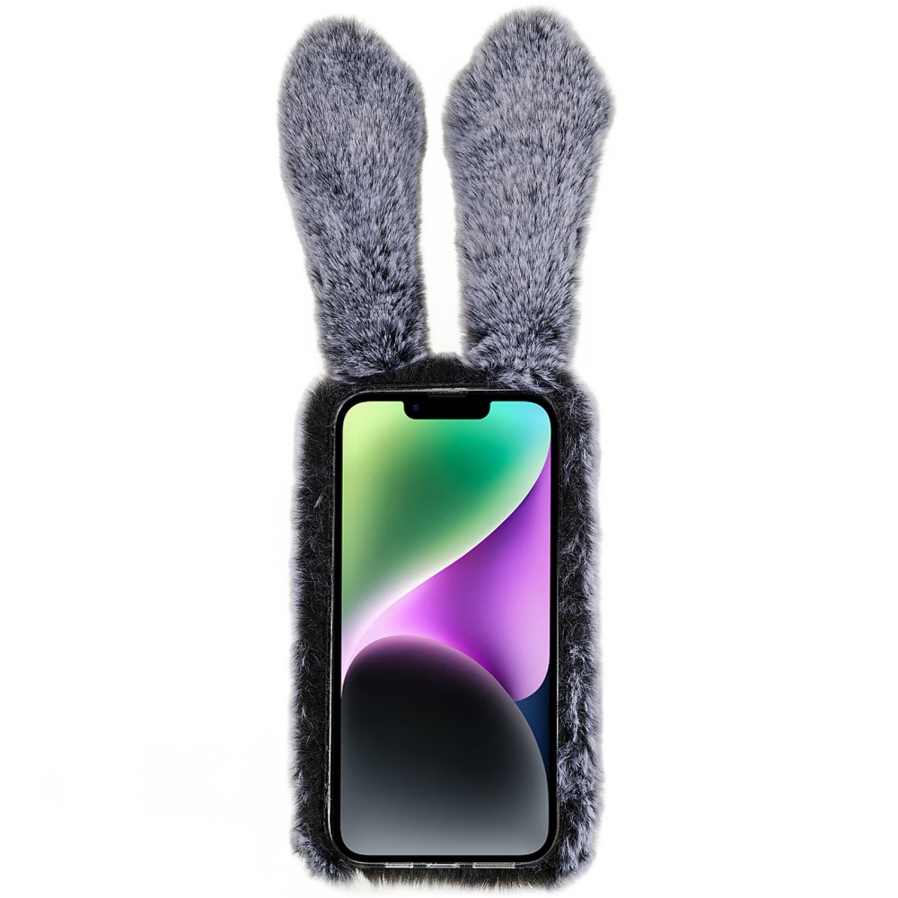 iPhone 14 3D Gummi Plüsch Case Hülle Bunny mit Flauschigen Hasenohren - Grau