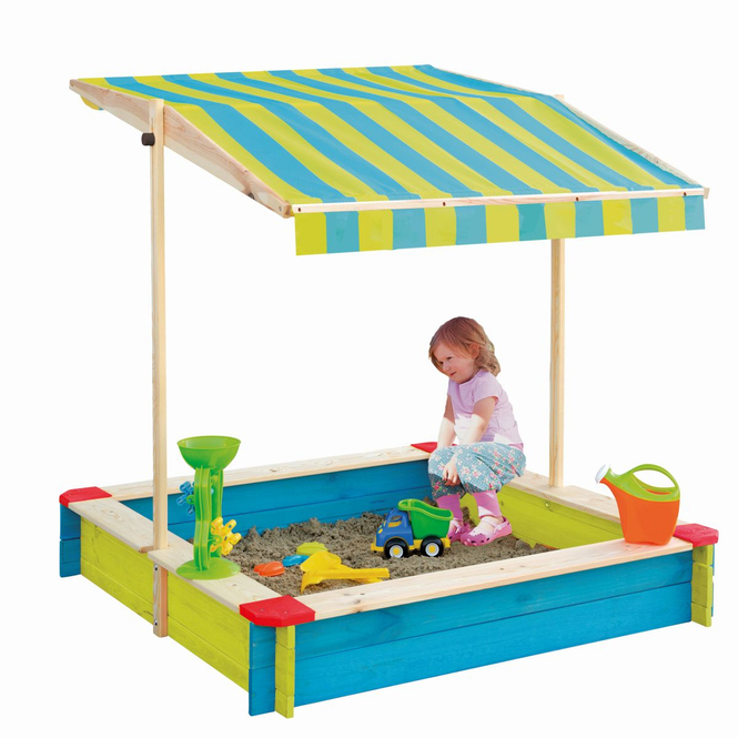 Sandkasten aus Holz - mit Dach - blau/gelb