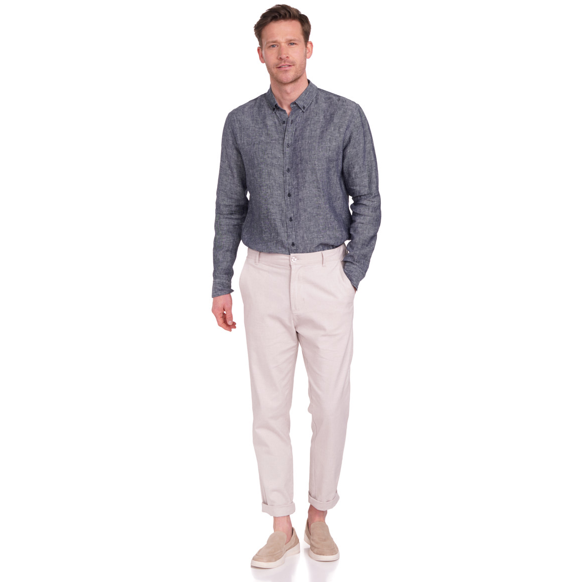 VanVaan Herren Leinen-Hemd mit Button-Down-Kragen dunkelblau