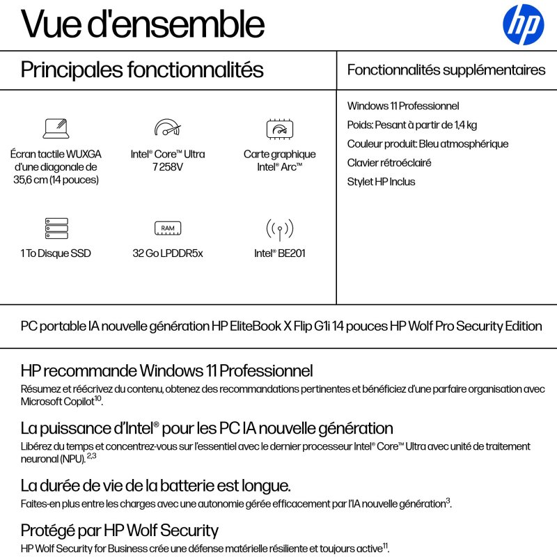 HP EliteBook X Flip G1i Next Gen AI PC Wolf Pro Security Edition Copilot+ PC Intel Core Ultra 7 258V Hybride (2-en-1) 35,6 cm (14
