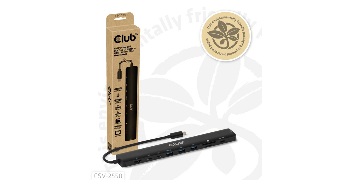 Club 3D10-1 Portable Dock USB Type-C 10Gbps to HDMI 8K30Hz PD3.1 Max.140 Watt dockingstation  (Zwart, HDMI, USB-C, LAN)