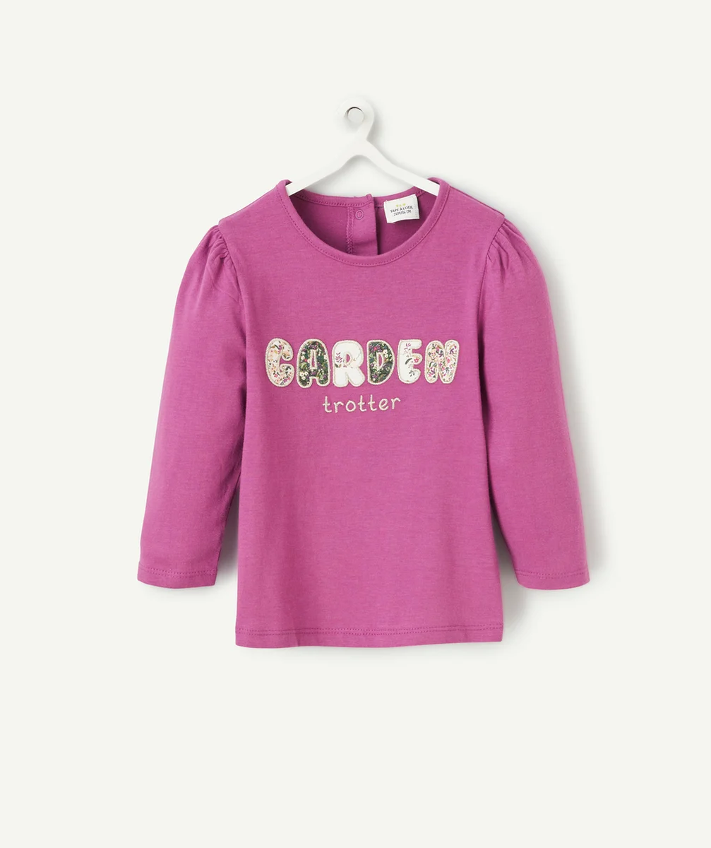 T-SHIRT MANCHES LONGUES EN COTON BIO VIOLET ET MESSAGE FLEURI
