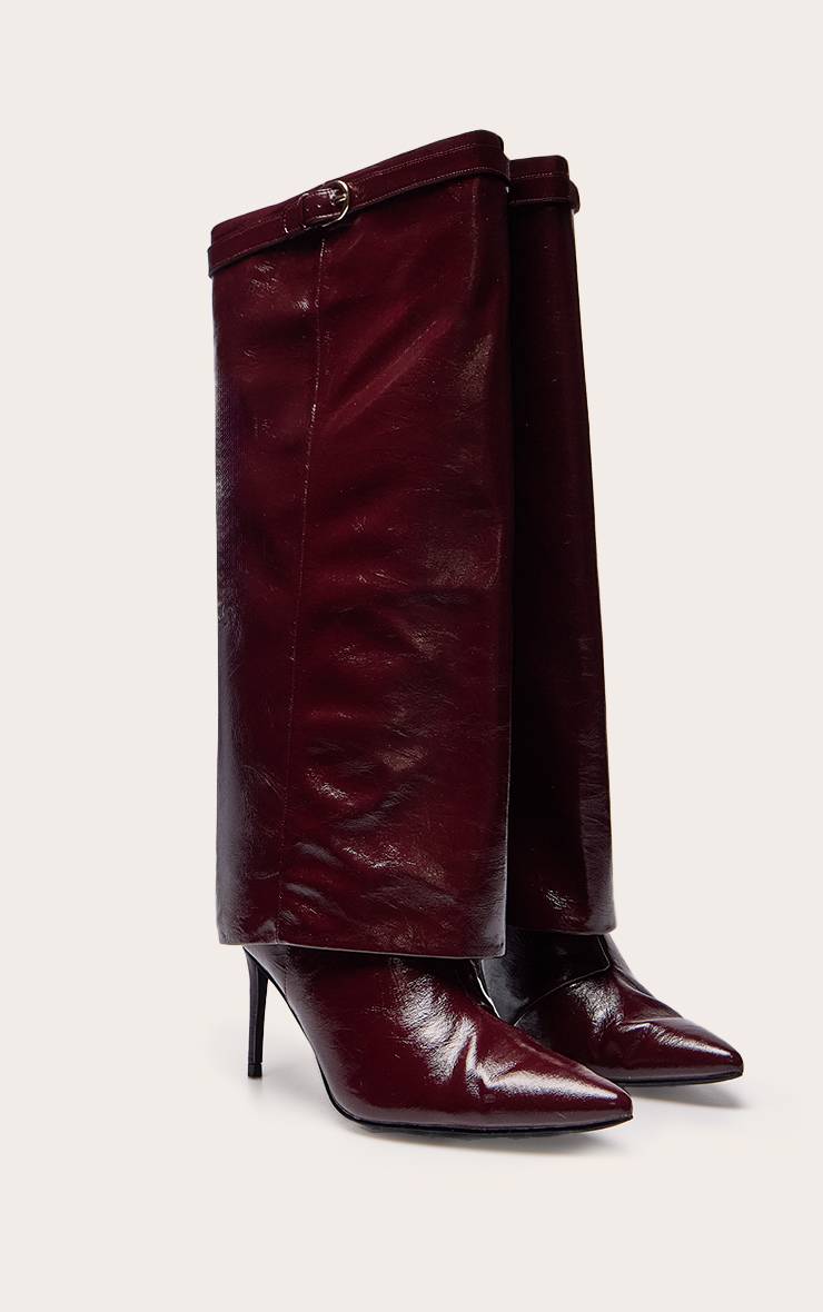 Rouge Bordeaux Botte Haute À Talon Effet Synthétique Avec Revers
