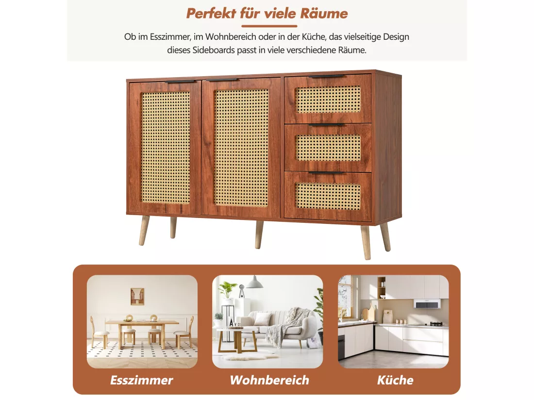 Buffet vintage en rotin avec 2 portes et 3 tiroir - 120 x 38 x 78 cm - MDF - pour cuisine et salon - Noyer