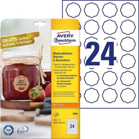 Avery Zweckform 5084 Wiederablösbare Etiketten in Blumenform,A4 40,8 x 40,3 mm, 10 Bogen/240 Etiketten, weiß