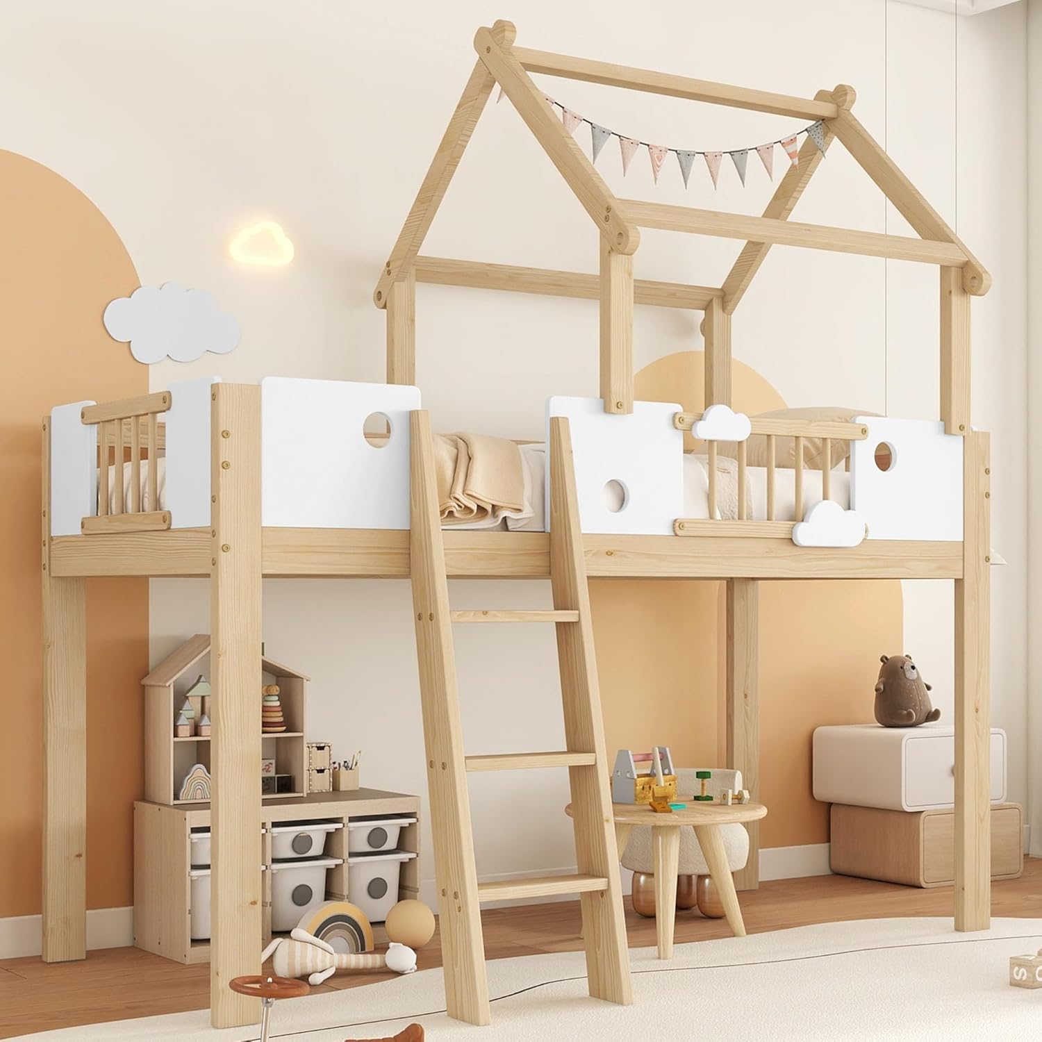 Merax Hochbett 90x200cm für Kinder, Etagenbett Kinderbett mit Fallschutz & Lattenrost, Hausbett mit Dreistufige Schrägleiter, Einzigartiges Dachdesign, Platzsparendes Stockbett, Kiefer+MDF, Natur&Weiß