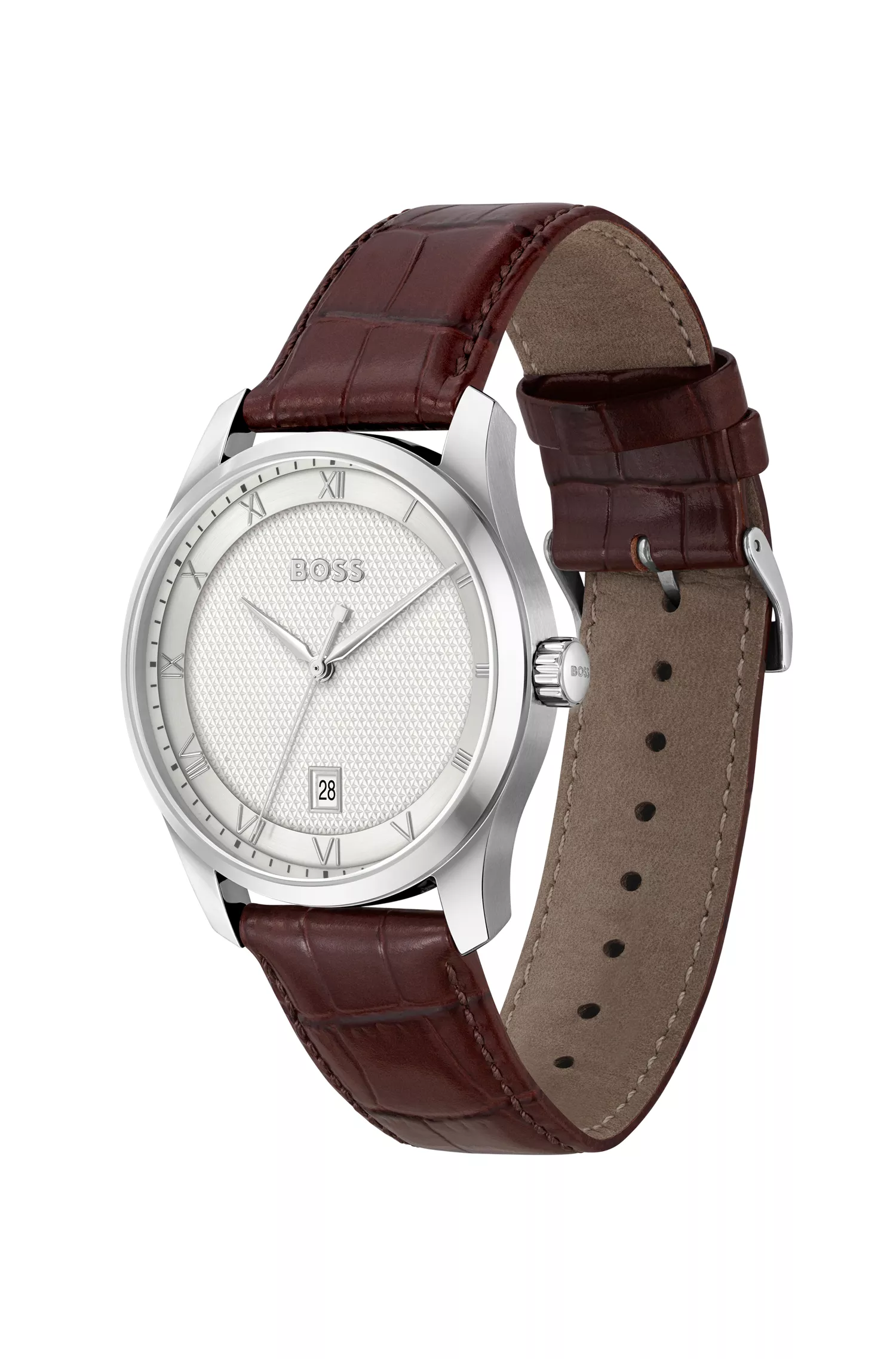 Relógio BOSS com pulseira de couro preta e mostrador com padrão branco-prateado.