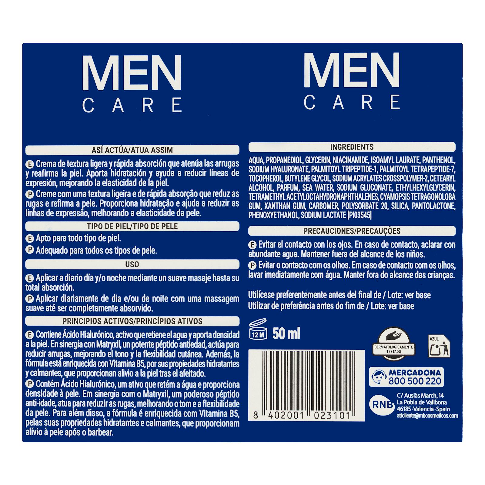 Crème visage anti-rides et raffermissante Men Care Deliplus à l'acide hyaluronique et au Matrixyl