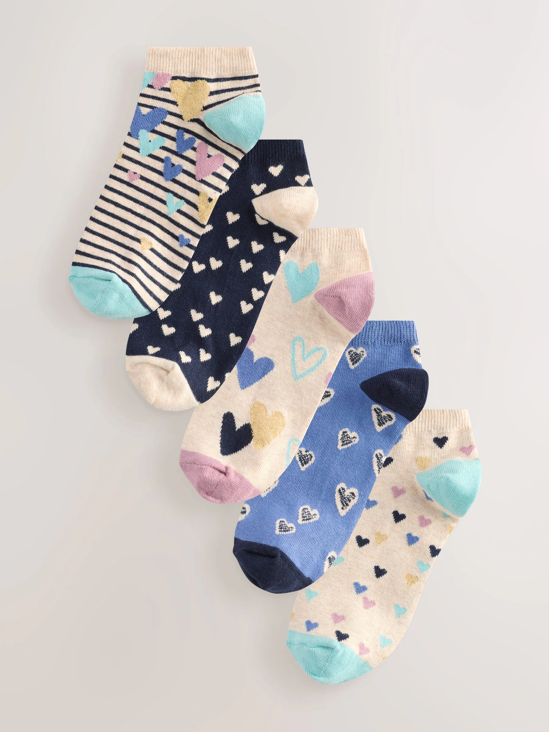 Blauw/havermoutkleurige hartjes - 5 paar sneakersokken