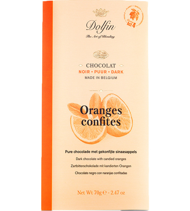 Chocolat Noir 60% avec Ecorces d'oranges confites 70g- Dolfin