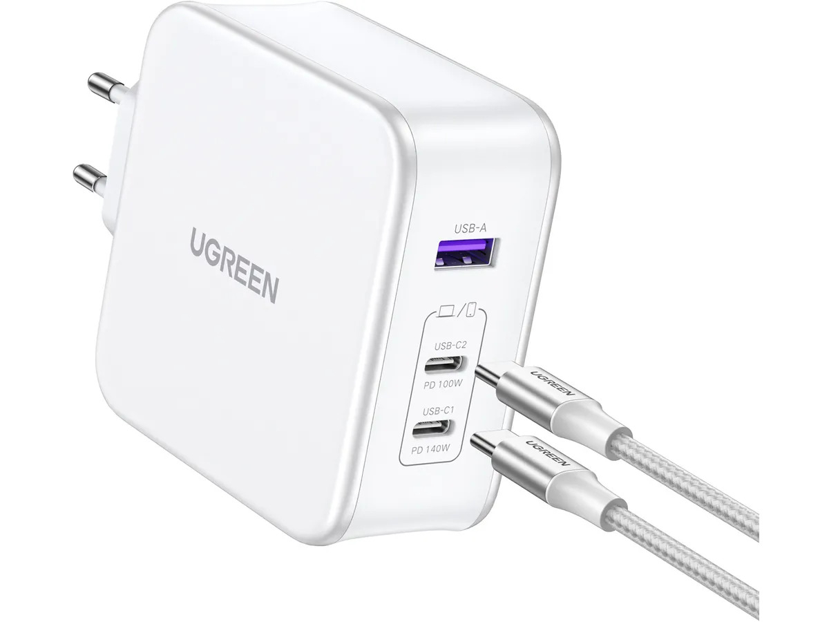 (140W) GaN Dual USB C / USB A Ladegerät Fast Charge Netzteil inkl. USB C Ladekabel (15339) - Weiss
