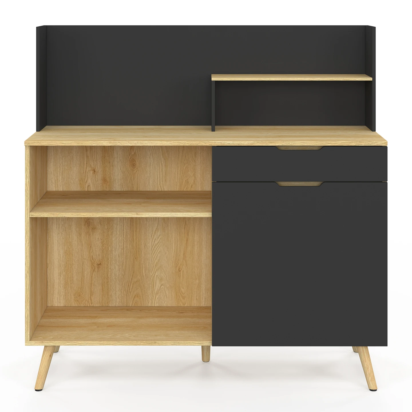 Buffet bas de cuisine 120 CM OLAF plan de travail H.83 cm 1 porte + 1 tiroir façon hêtre et noir