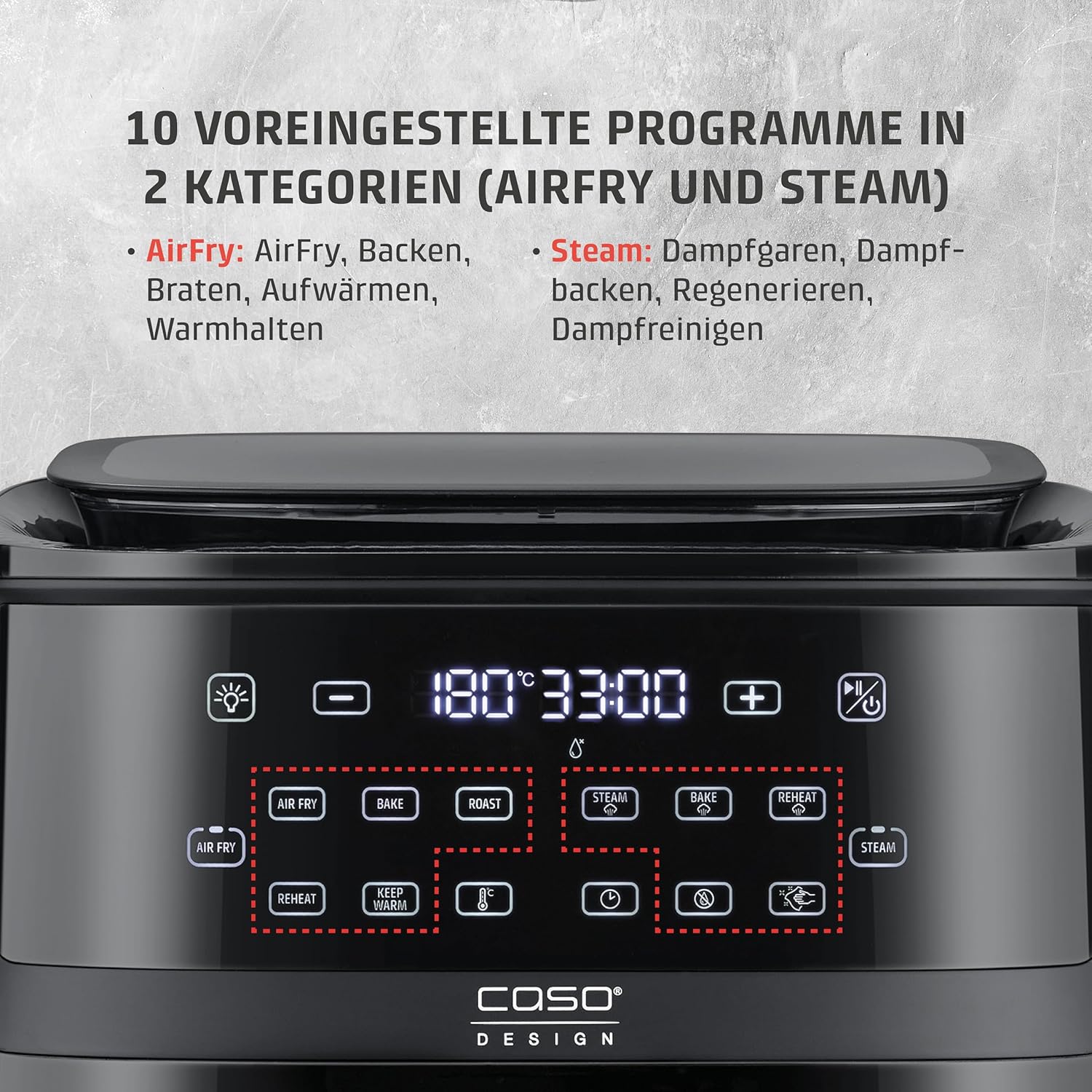 CASO AirFry & Steam 700 - Heißluftfritteuse und Dampfgarer - Testurteil: Sehr Gut, extra großes Korbvolumen 7 Liter, Dampfgarer & Airfryer, Fritteuse ohne Öl/Fett, Schwarz
