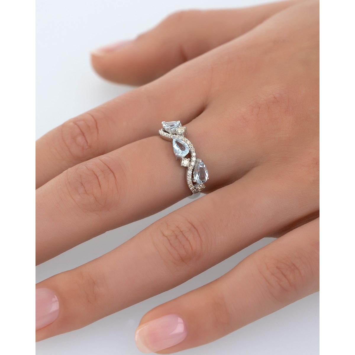 Bague ADEN Aigue-Marine et diamants sur Argent 925 2.51grs