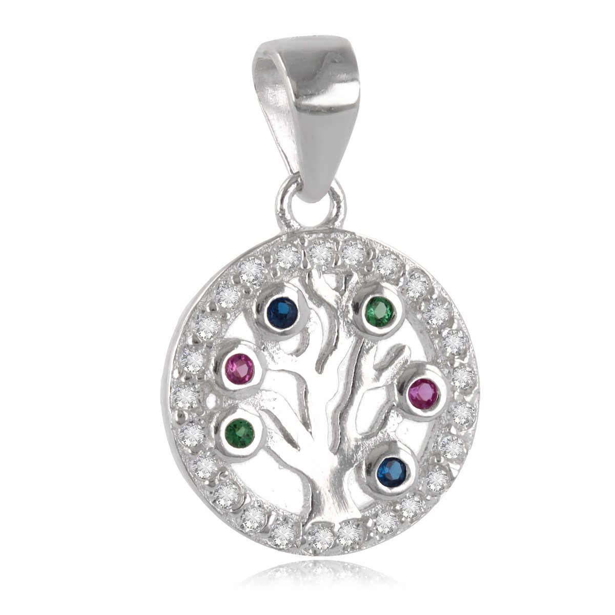 Pendentif argent rhodié forme arbre avec pierres précieuses d'imitation et cubic zirconia