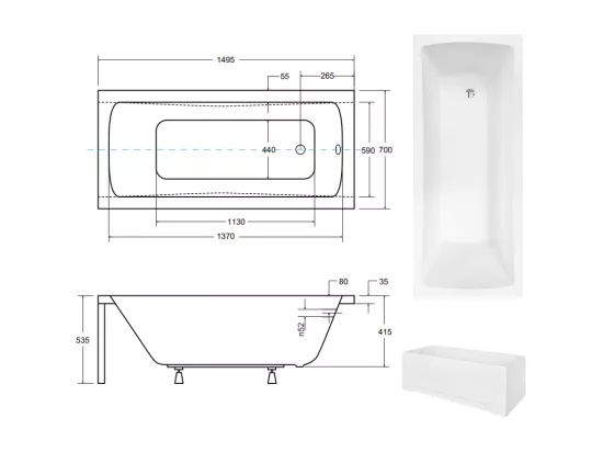 Baignoire MIRANO II avec tablier 140-150-160-170 x 70 - Dimensions: 150 x 70 cm