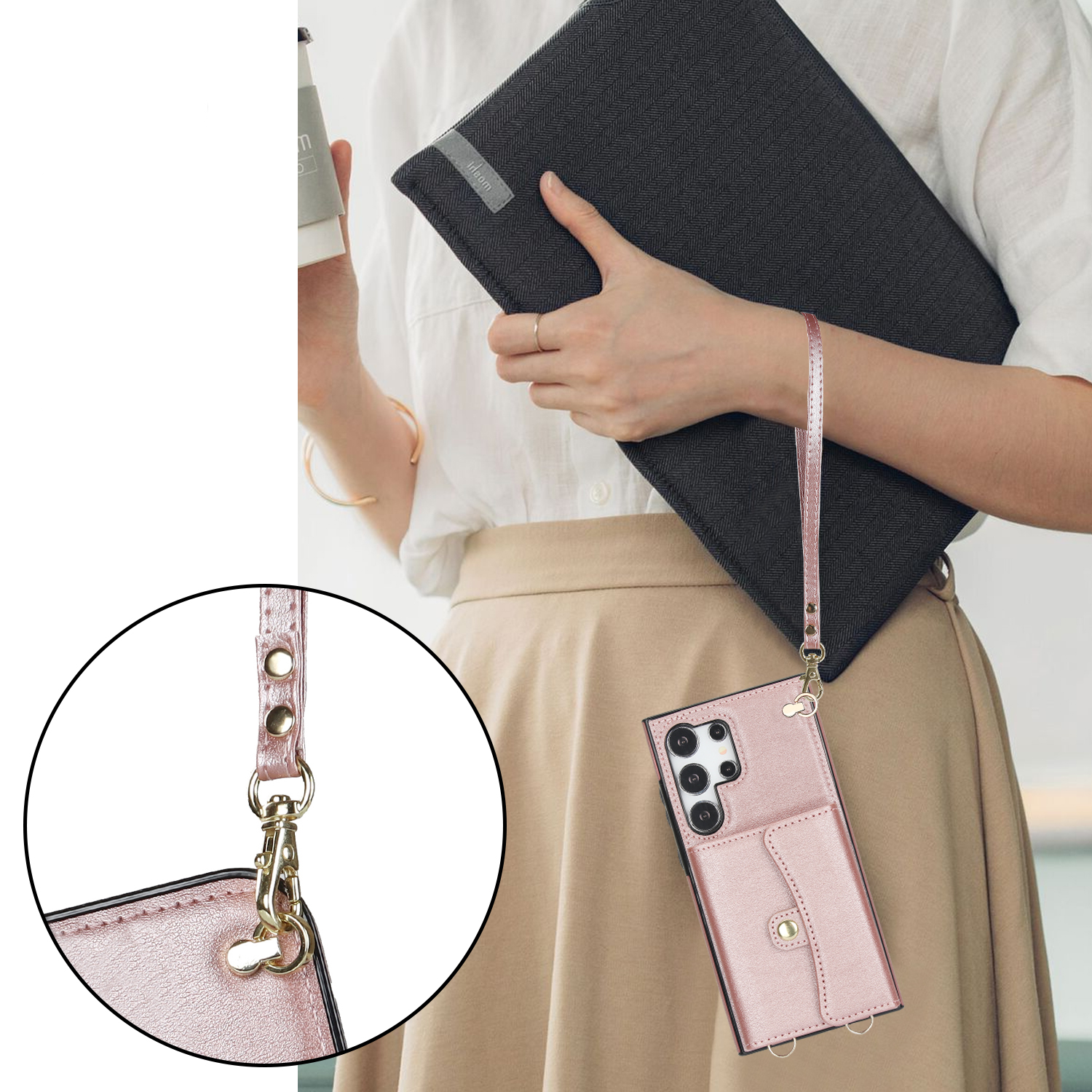 Samsung Galaxy S24 Ultra Necklace Leder Schutz Hülle mit Kartenfach   Handykette (140cm) - Roségold
