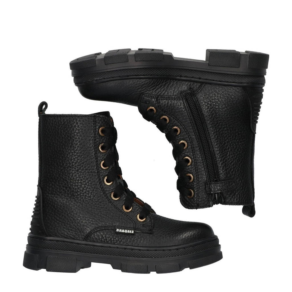 Braqeez Giselle Gripchunky leren veterboots zwart