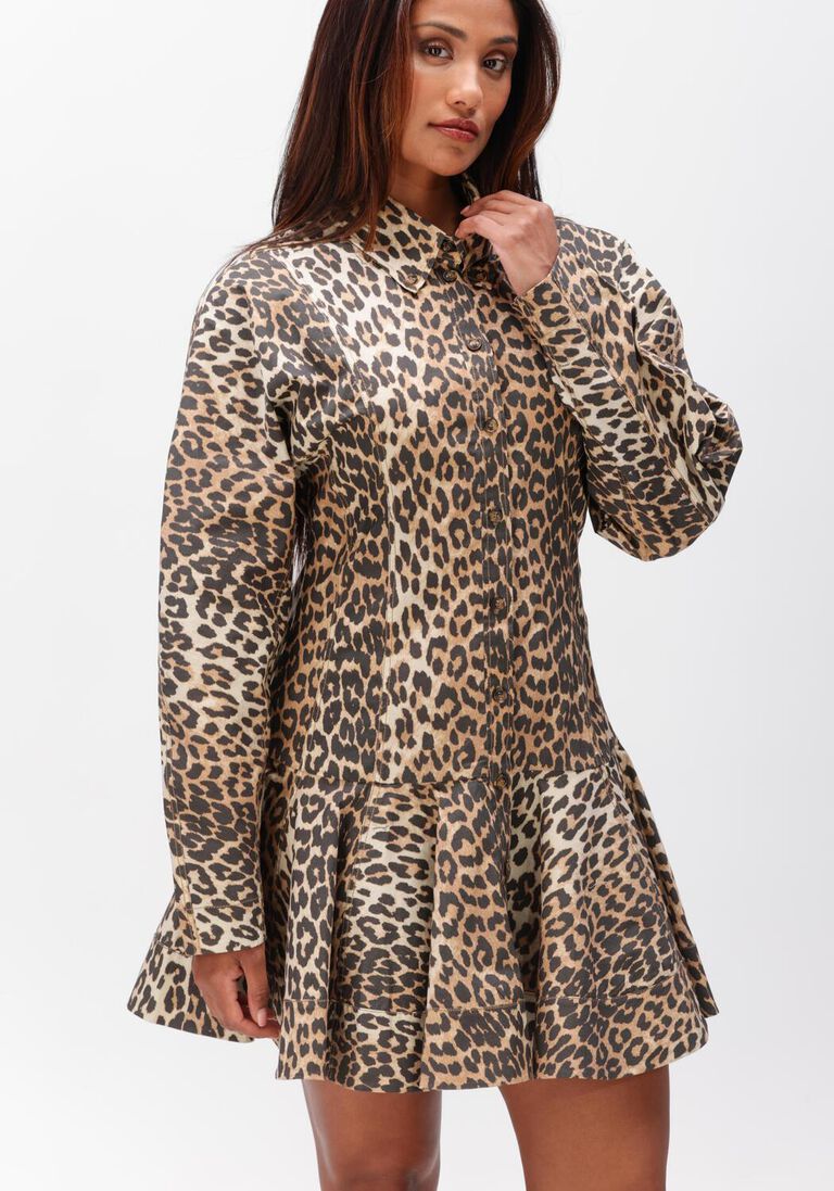 bruine ganni jurken printed stretch cotton mini shirt dress