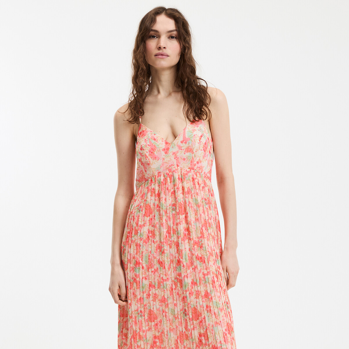 COLEÇÕES LA REDOUTE<br>Vestido longo com pregas, alças delicadas e estampa floral