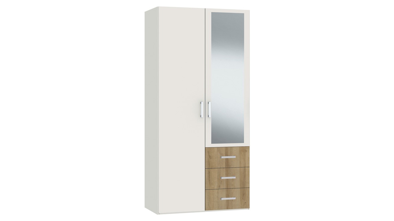 Draaideurkast Compact met laden en hout- en spiegeldeuren wit/eiken