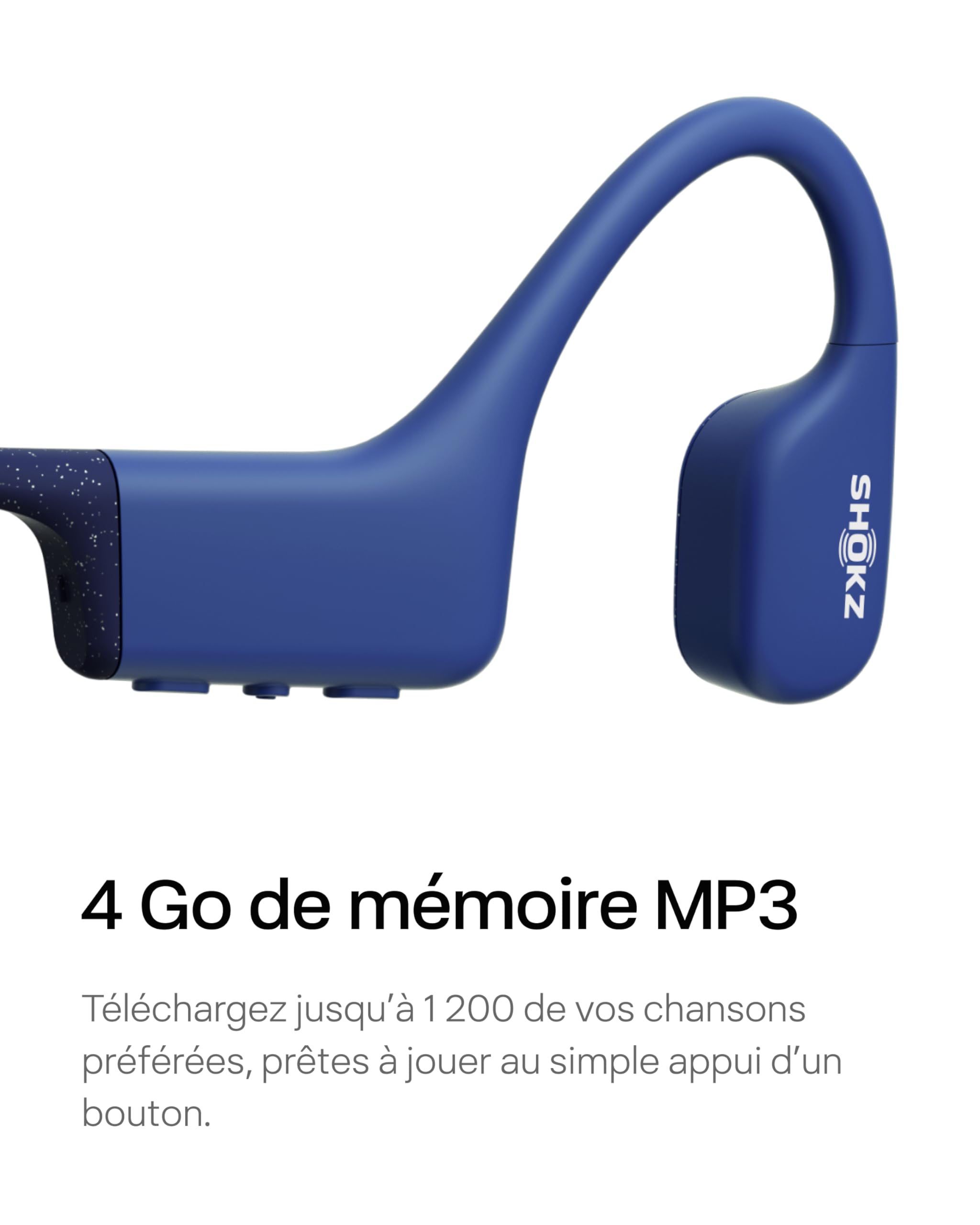 SHOKZ OpenSwim Casque à conduction osseuse, lecteur MP3 de natation étanche IP68, écouteurs de sport oreilles libres avec 4 GB de mémoire, 8H d’autonomie, bouchons d’oreilles(sans Bluetooth), Bleu