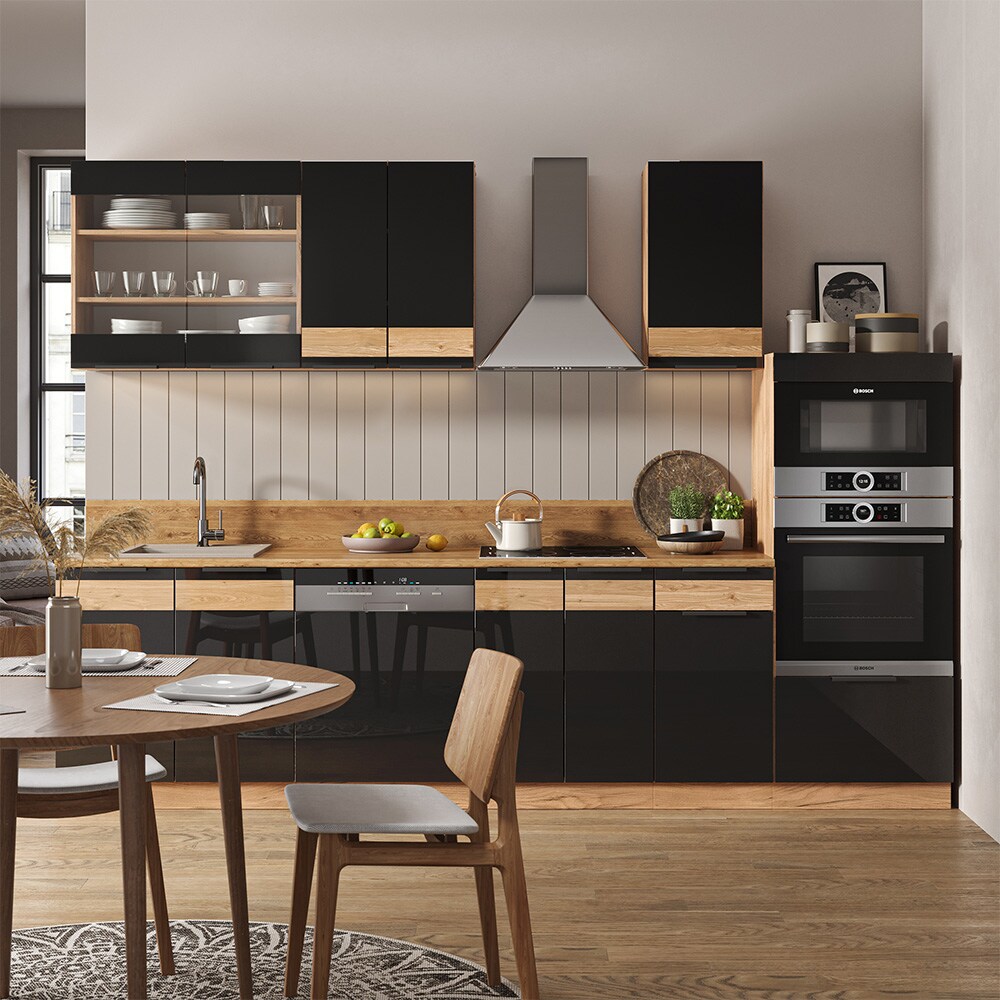 Vicco Küchenzeile Küchenblock Einbauküche Fame-Line Eiche Schwarz 300 cm modern Hochglanz Küchenschränke Küchenmöbel