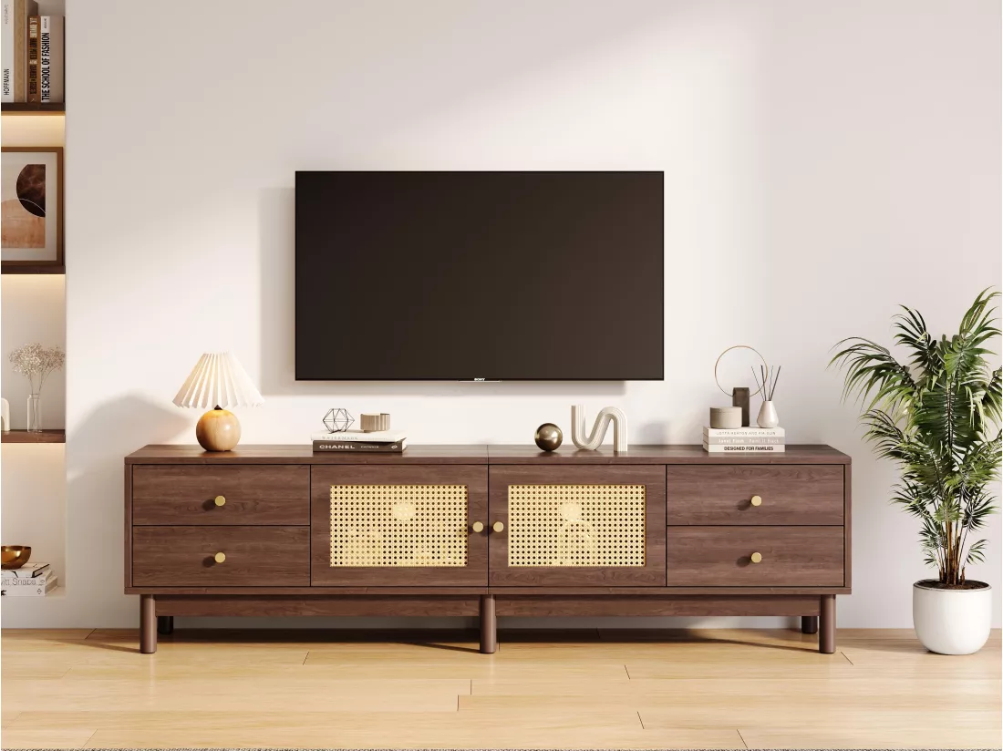 Meuble TV - avec 2 portes en rotin et 4 tiroirs - convient aux téléviseurs jusqu'à 80