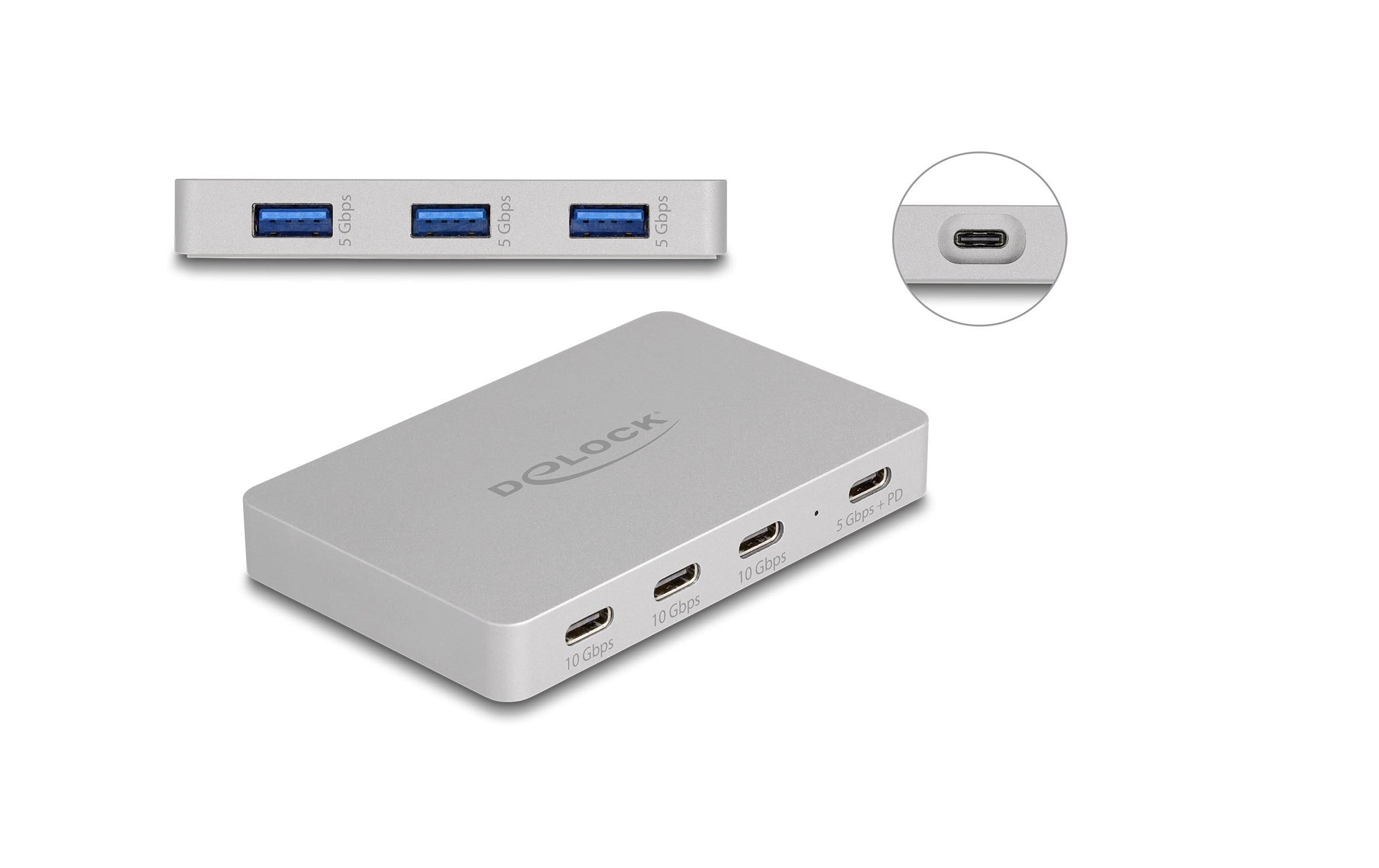 USB-Hub 64279 7x Port USB HubDelock 7 Port USB Hub mit 4 x USB Type-C Buchse und 3 x USB Typ-A Buchse mit PD 82 W