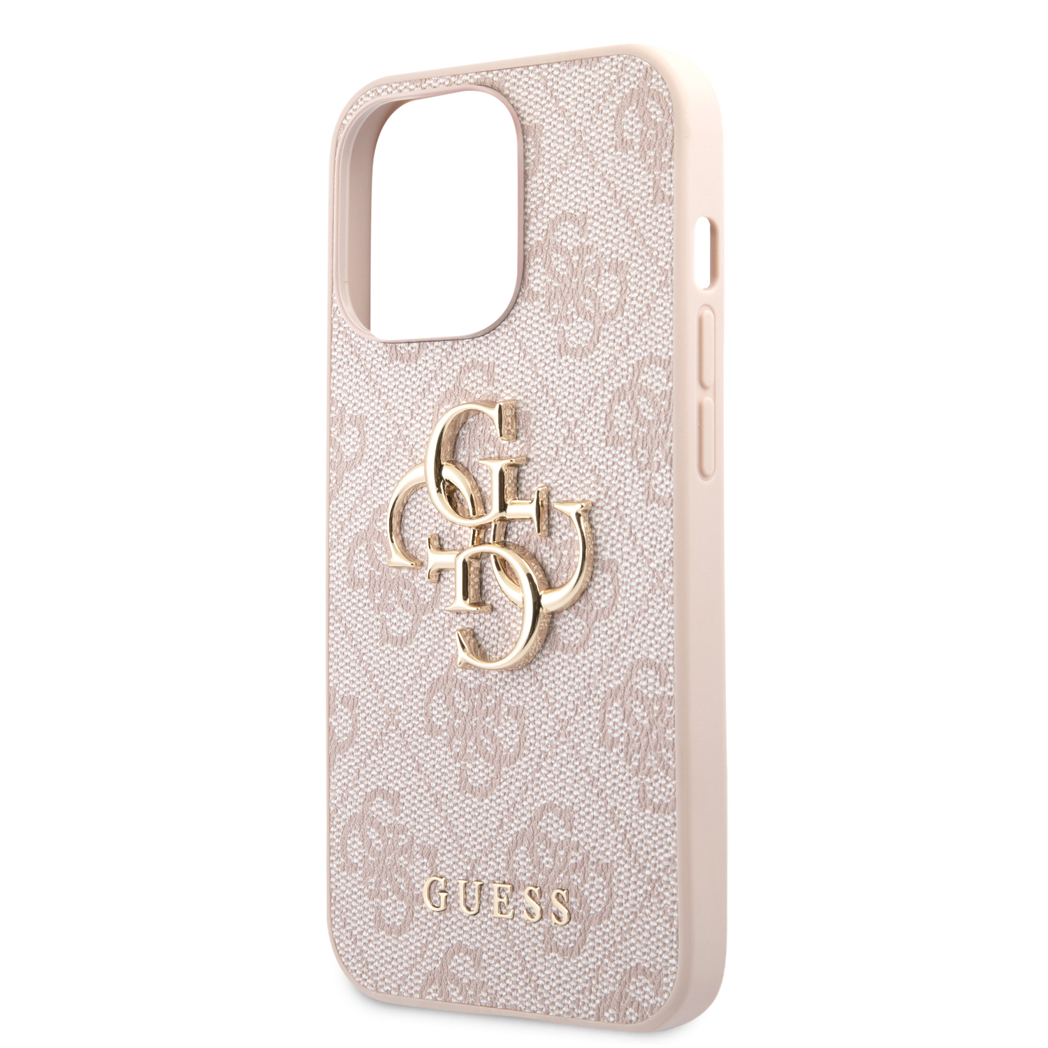 iPhone 13 Pro Leder Hardcase Hülle Metall Logo (GUHCP13L4GMGPI) - Rosa / Gold