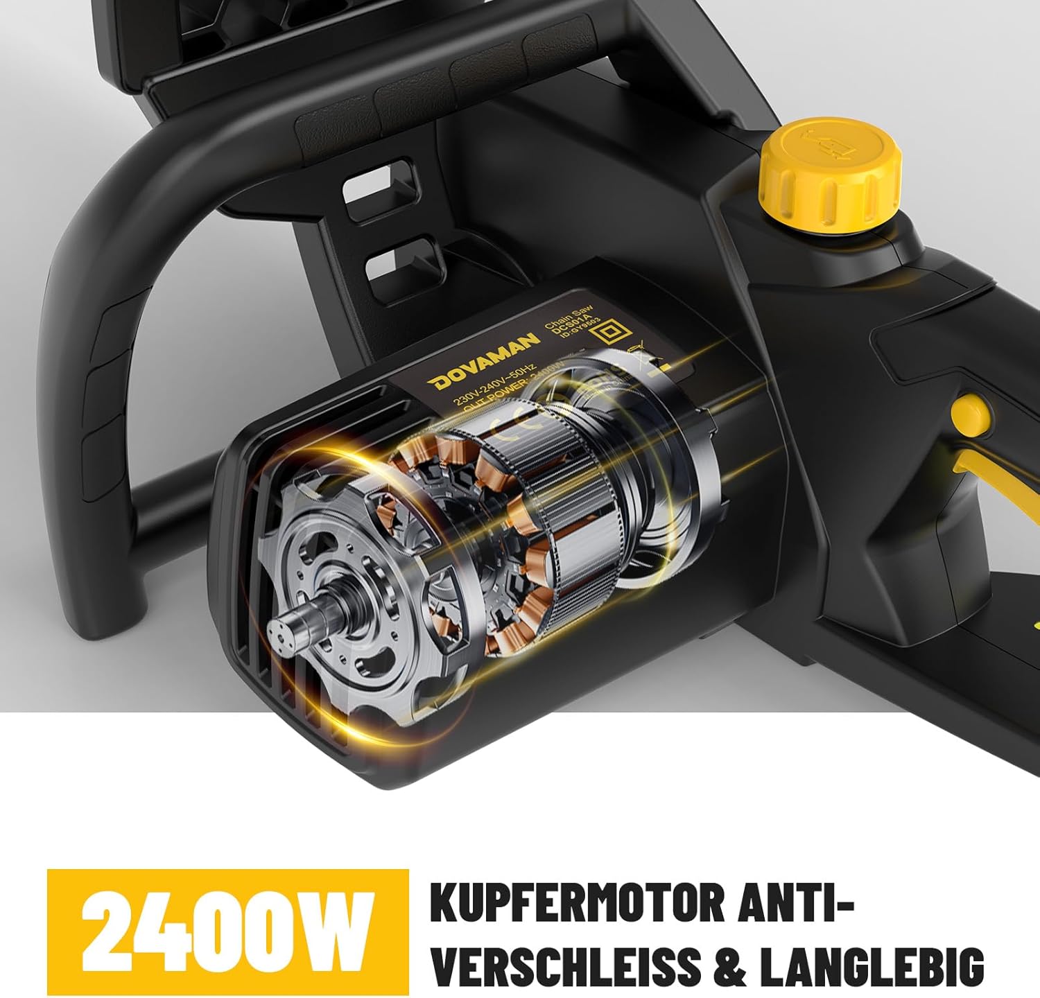 DOVAMAN 2400W Elektro Kettensäge, 40cm Oregon Schwert und Kette, werkzeuglose Kettenspannung, 15m/s, Rückschlagschutz, inkl. 2 Ketten, Kettensäge ideal für Brennholz, Garten und Baumschnitt - DCS01A
